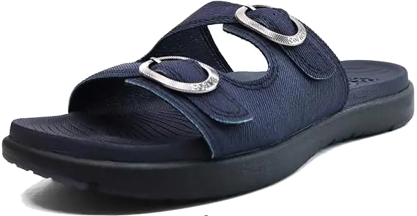 Navy blue COFACE women's orthotic slides sandal with two adjustable silver buckles and a cushioned yoga mat-like footbed for plantar fasciitis support.