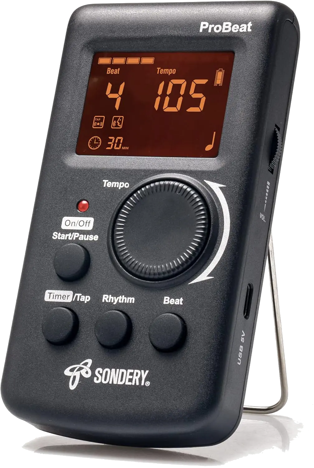 Sondery ProBeat digital metronome standing upright, showing its digital screen with tempo display, control buttons, and volume wheel.