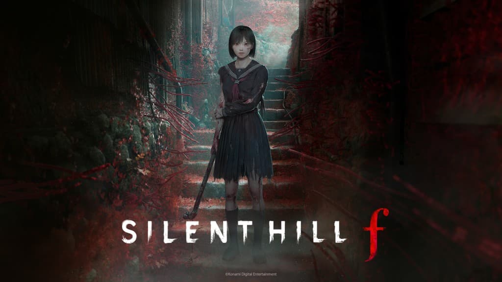 Shimizu Hinako, protagonist of Silent Hill f PS5, stands in a foggy Ebisugaoka alley holding a steel pipe. She wears a tattered sailor uniform and has visible injuries.