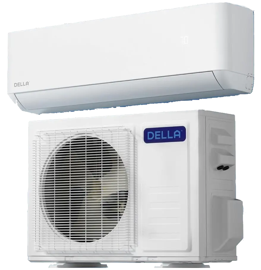 DELLA Hyper Heat mini split system showing outdoor condenser unit and indoor wall-mounted evaporator unit with Della logo on both.