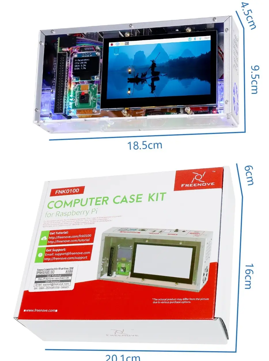FREENOVE Raspberry Pi 5 case with 4.3 inch touchscreen and NVMe SSD kit assembled