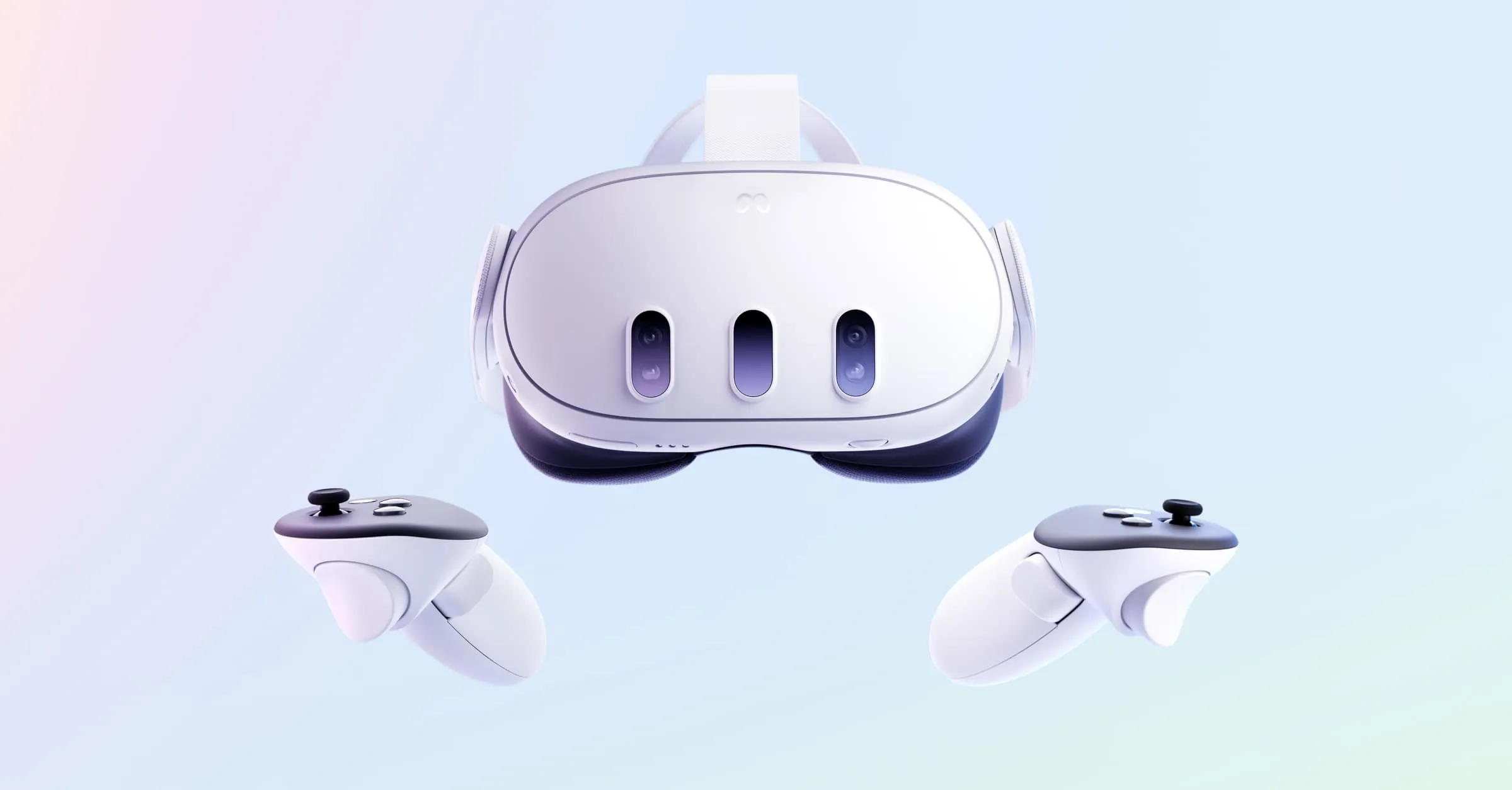 Meta Quest 3 standalone VR headset white with Touch Plus controllers front view
